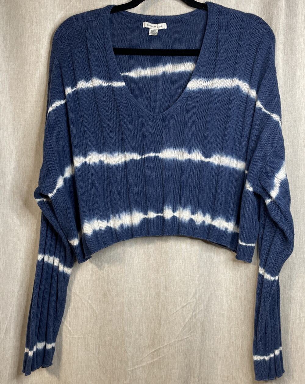 American Eagle Outfitters Tie Dye Cropped Blue & White V Neck Sweater Sz Small